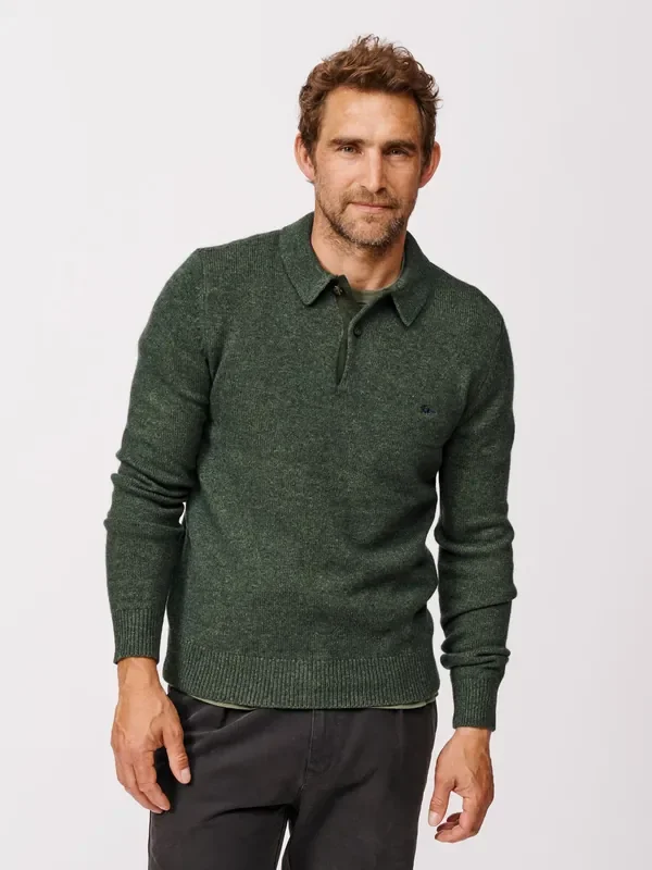 Aubin Green Shore Lambswool Long Sleeve Knitted Polo Shirt