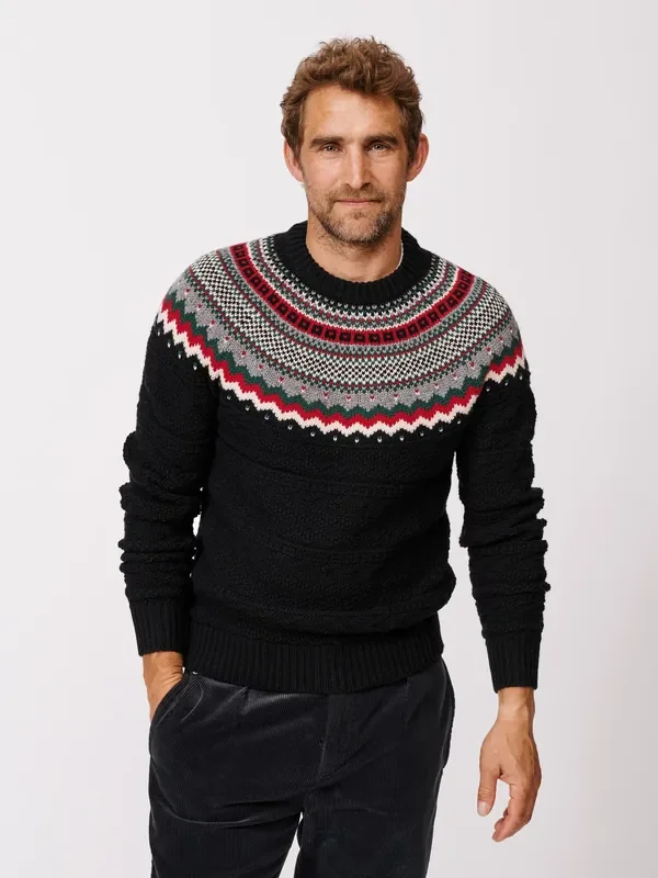 Aubin Placement Fairisle Crew Neck Black Jumper