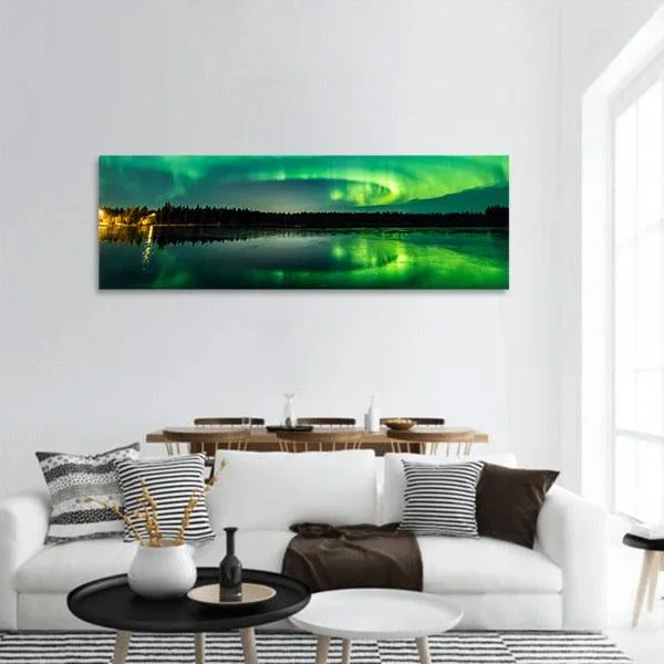 Aurora Show At Finnish Lake Panoramic Canvas Wall Art