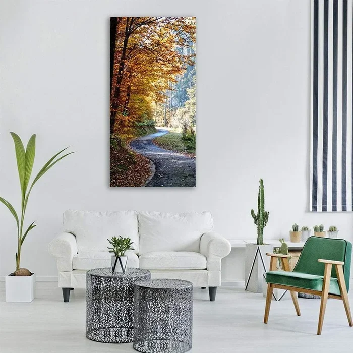 Autumn Forest Road with Fallen Leaves Vertical Canvas Wall Art