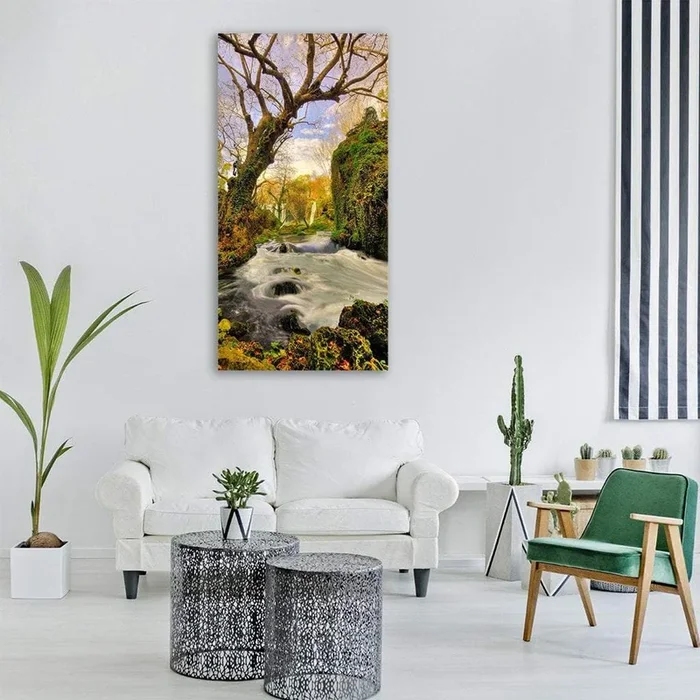 Autumn Forest Waterfall and Stream Vertical Canvas Wall Art
