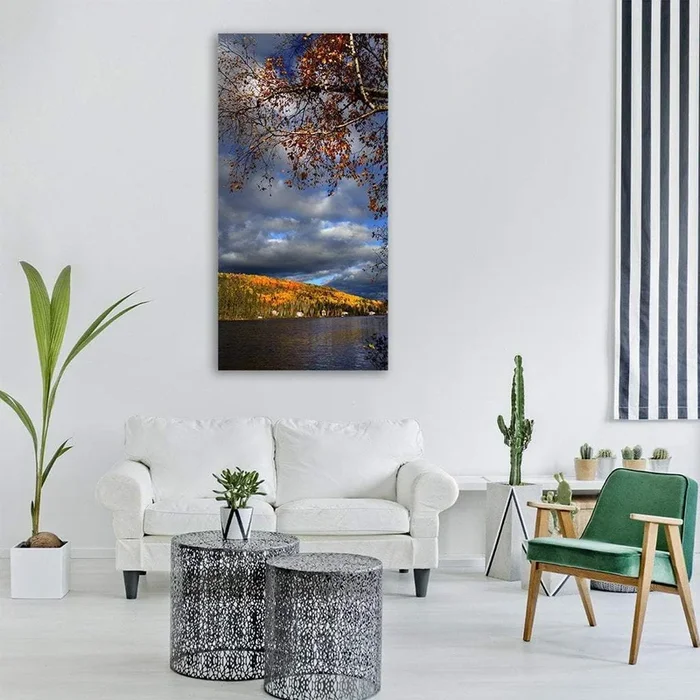 Autumn Lake with Birch Branches Vertical Canvas Wall Art