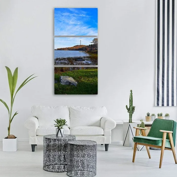 Autumn Lake with Hilltop Tower Vertical Canvas Wall Art