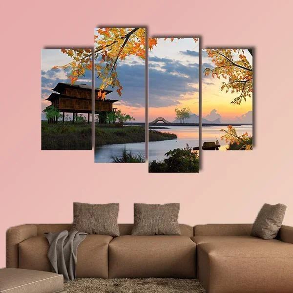 Autumn Pagoda by Lake at Sunset Canvas Wall Art