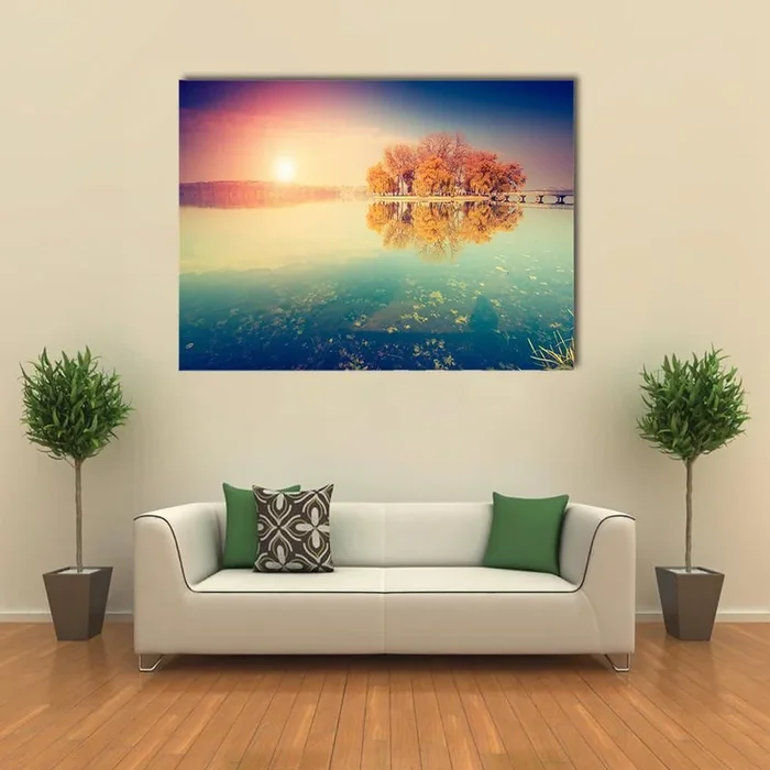 Autumn Sunset Over Island Lake Canvas Wall Art