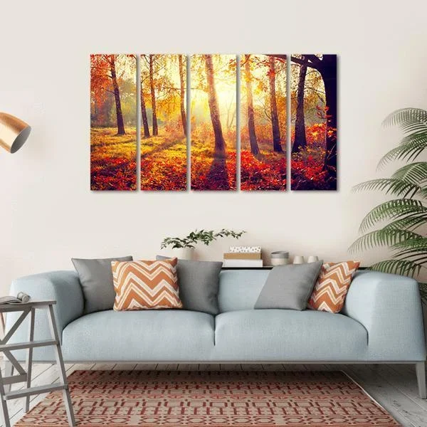 Autumnal Trees In Sun Rays Canvas Wall Art
