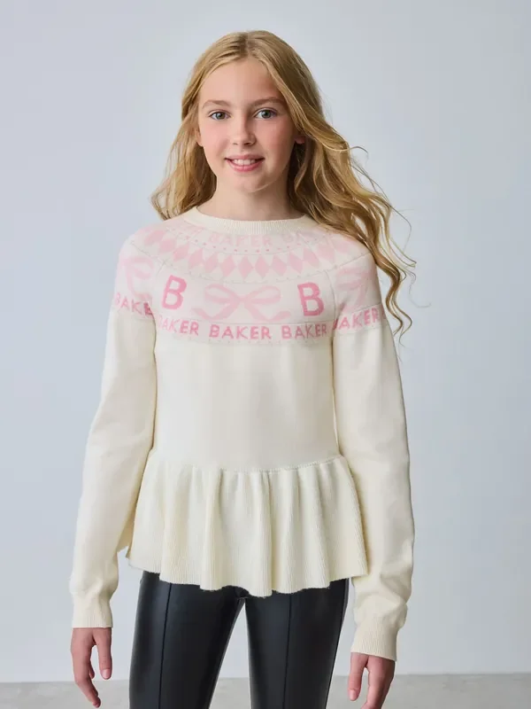 Baker by Ted Baker Cream Fairisle Pattern Knitted Peplum Hem Jumper
