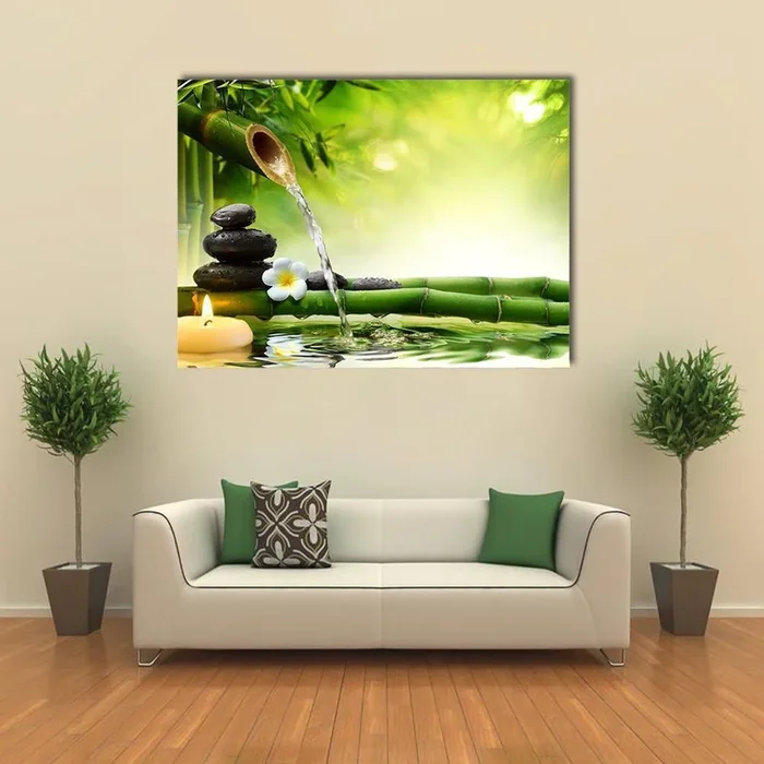 Bamboo Water Flow Over Stacked Spa Stones Canvas Wall Art