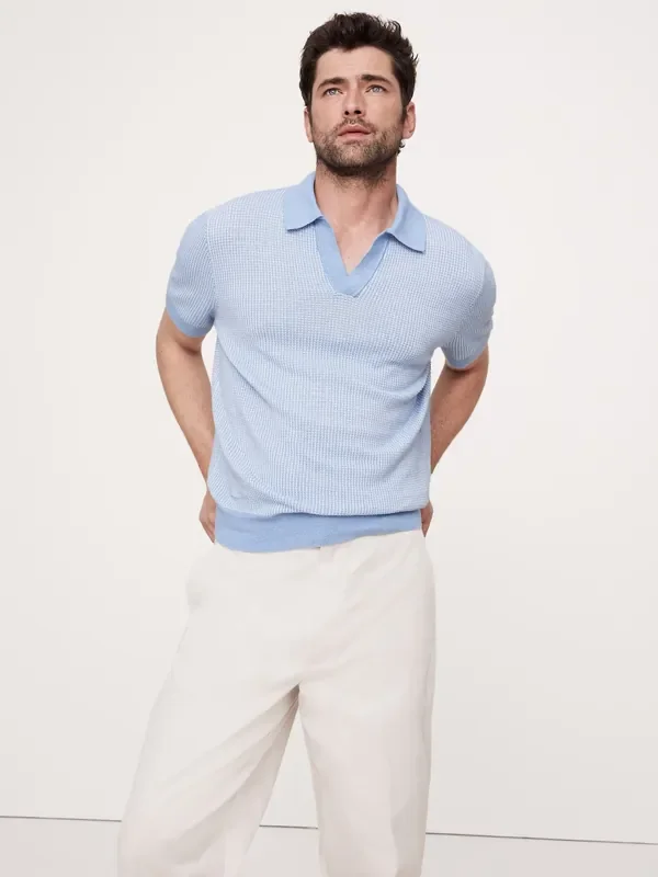 Banana Republic Blue Cotton-Linen Johnny-Collar Polo Jumper