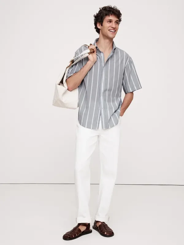 Banana Republic Grey Relaxed-Fit Summerweight Cotton Short-Sleeve Shirt