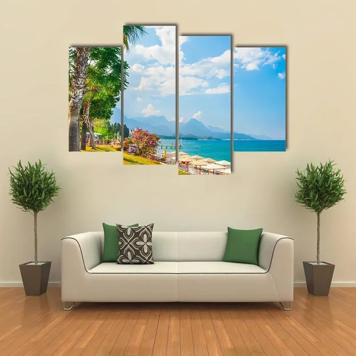 Beach with Green Trees and Pier Canvas Wall Art