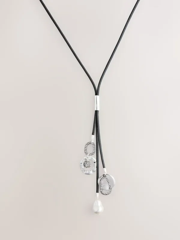 Black Cord Cluster Long Lariat Necklace
