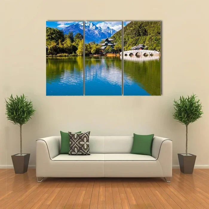 Black Dragon Pool with Temple and Mountains Canvas Wall Art