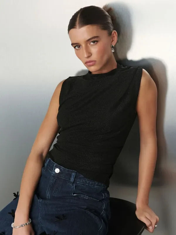 Black Drape High Neck Sleeveless Jacquard Top