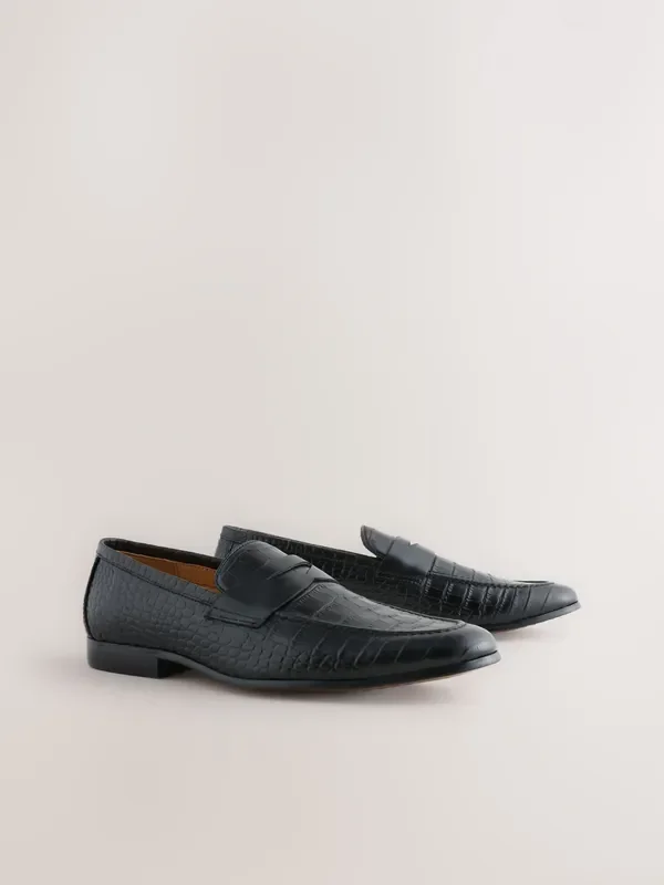 Black Embossed Leather Loafers