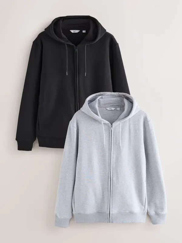Black/Grey Marl Cotton Rich Heavyweight Jersey Full Zip Hoodies 2 Pack