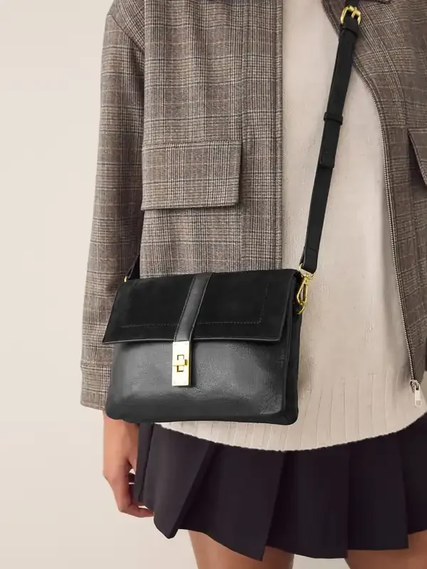 Black Leather Croc Effect Cross-Body Bag
