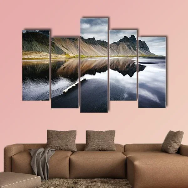 Black Sand Beach with Mountain Reflection Canvas Wall Art