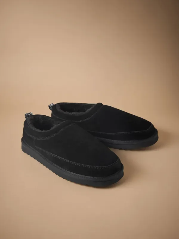 Black Signature Suede Faux Fur Lined Slippers