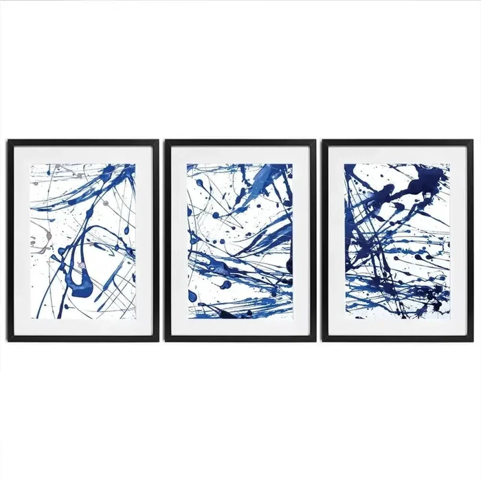 Blue Paint Spatter Framed Art Print Trio