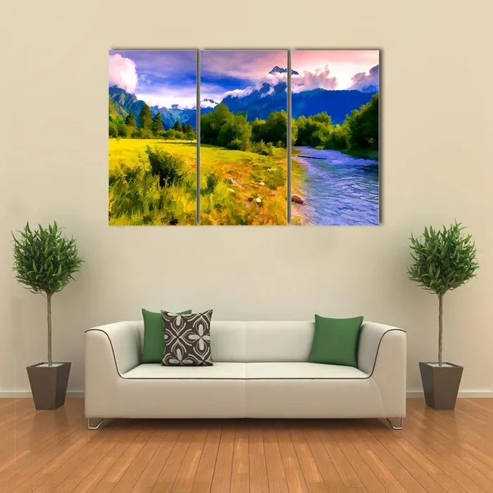 Blue River Watercolor Landscape Canvas Wall Art