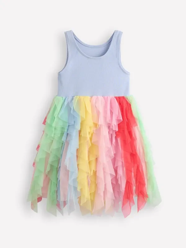 Boden Blue Rainbow Jersey Tulle Mix 100% Cotton Dress