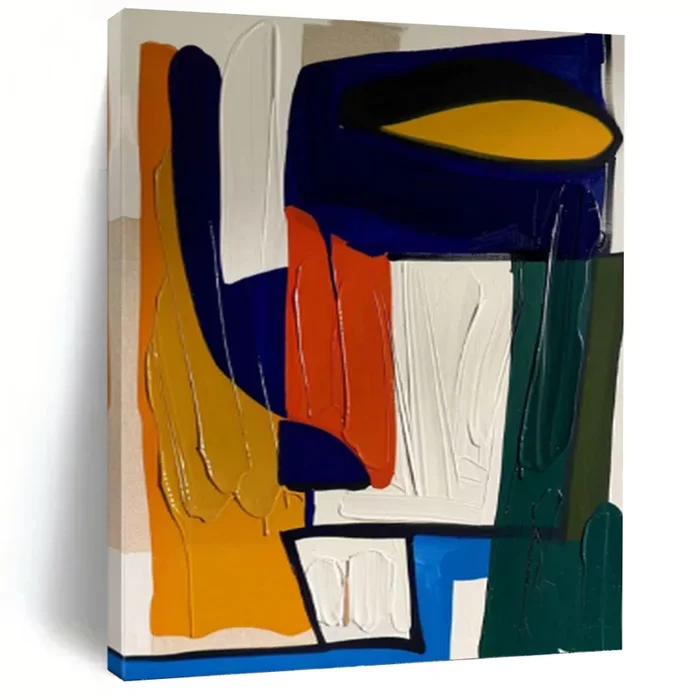 “Bold Color Block Composition” – Blue, Orange, Green Abstract Art on Canvas DKH1187