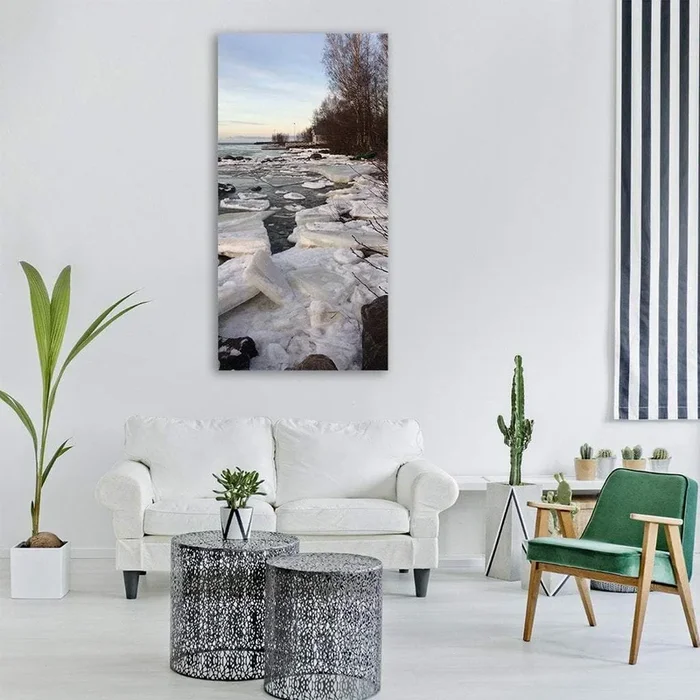 Broken Ice on Rocky Shore Vertical Canvas Wall Art