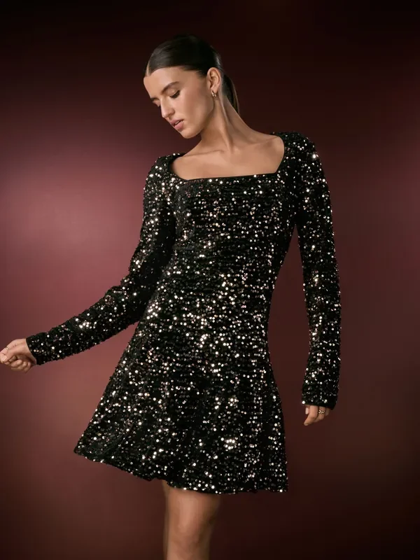 Bronze Square Neck Flippy Mini Sequin Dress