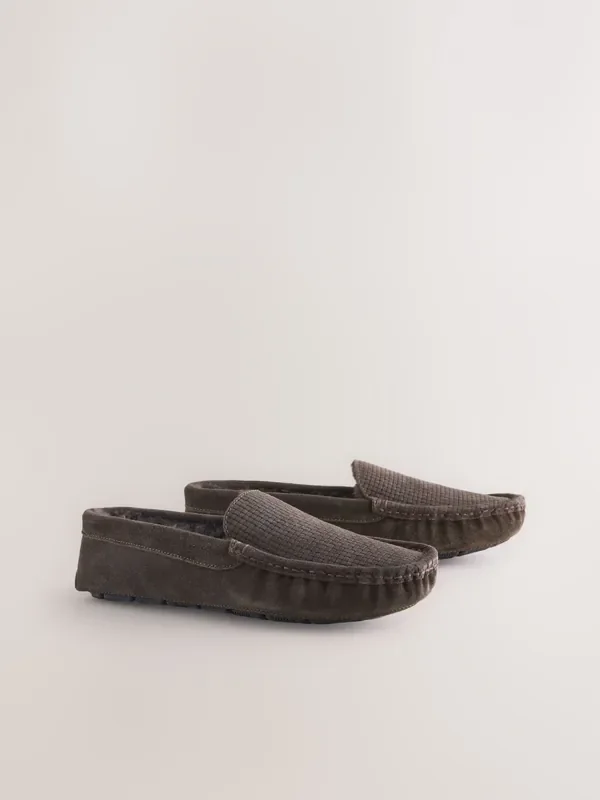 Brown Suede Faux Fur Lined Moccasin Slippers