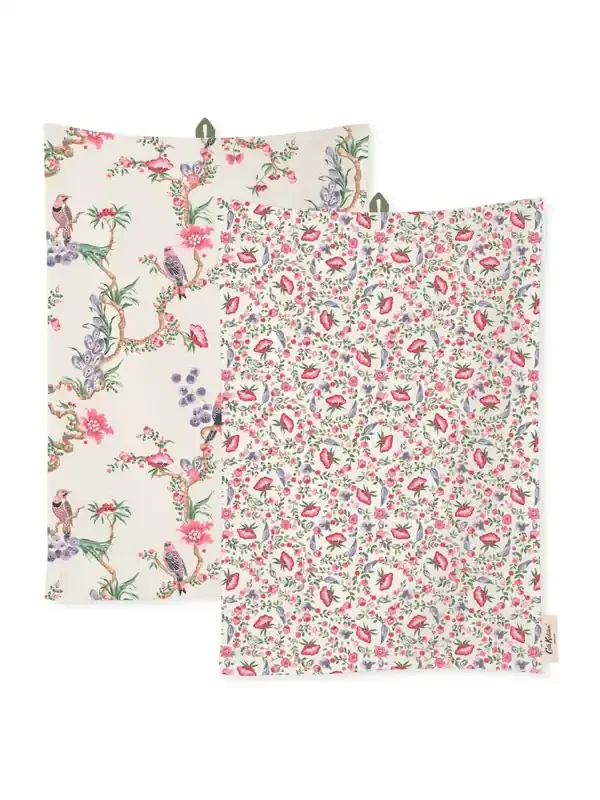 Cath Kidston 2 Pack Cream Spring Birds Textile Tea Towels and Oven Gl Set