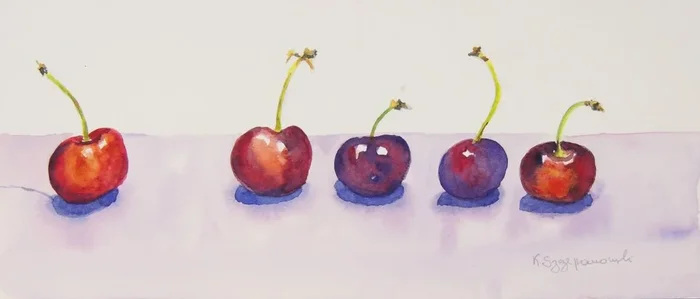 Cherries in a line (2018) Watercolour by Krystyna Szczepanowski