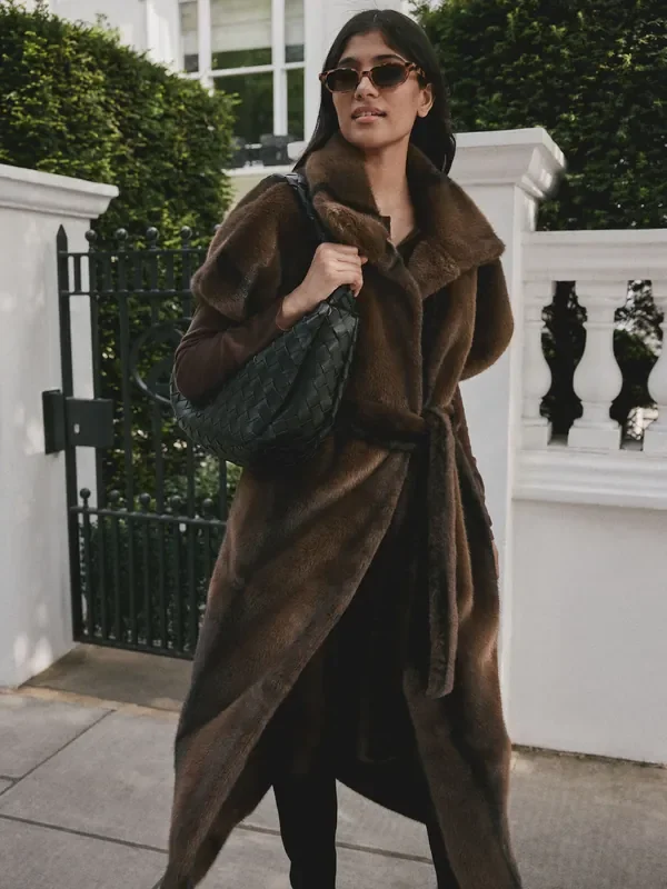 Chocolate Brown Tie Waist Long Line Faux Fur Gilet