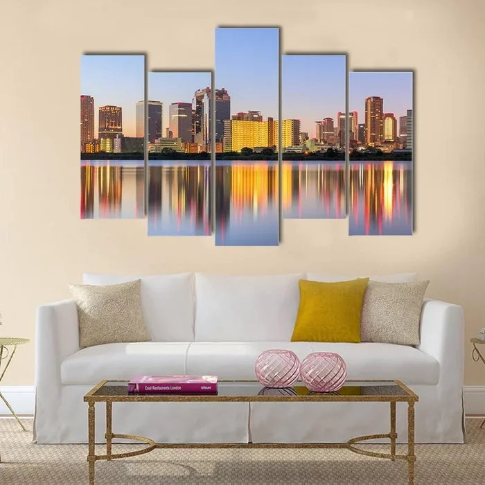 City Skyline at Dusk with Water Reflection Canvas Wall Art