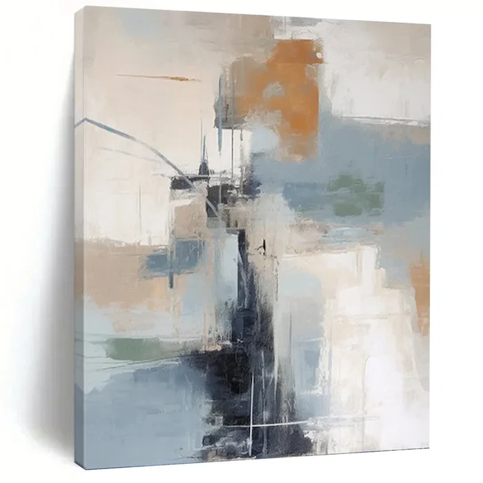 “Colorful Abstract Cityscape in Neutral Tones” – Beige, Grey, Blue, Orange Abstract Art on Canvas DKH1254