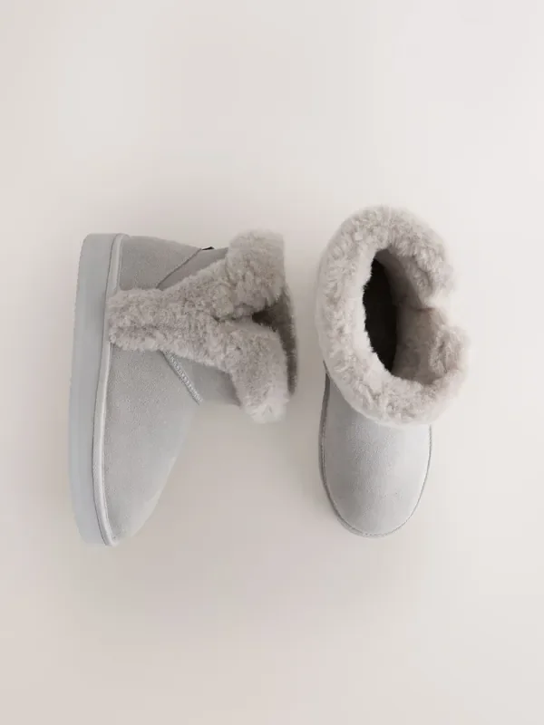 Dark Grey Suede Faux Fur Boot Slippers