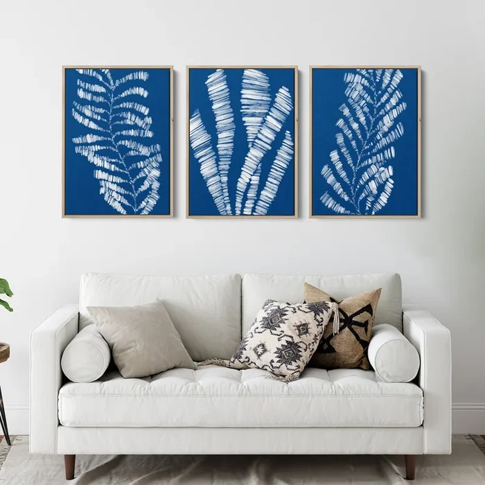 Deep Azure Blue Seaweed & Kelp Triptych – Set of 3