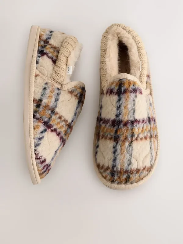 Ecru Check Brushed Quilted Slippers