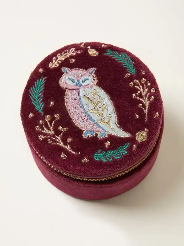 FatFace Burgundy Red Owl Embroidered Travel Jewellery Box
