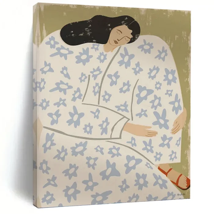 “Floral – Clad Resting Figure” – Green, Blue, White Abstract Figural Art on Canvas DKH1146