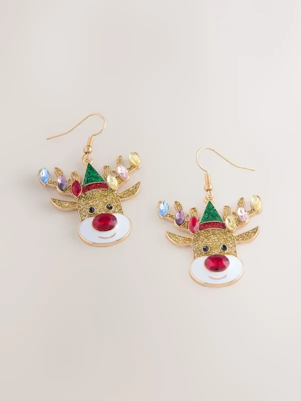 Gold Tone Christmas Reindeer Earrings
