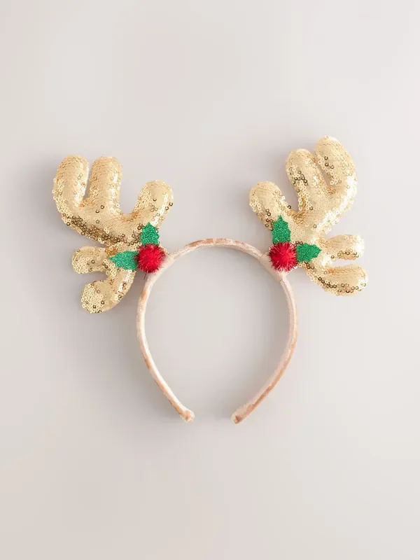 Gold Tone Christmas Sequin Reindeer Headband