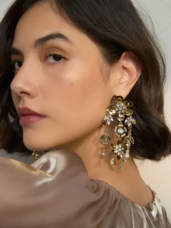 Gold Tone Statement Flower Drop Earrings