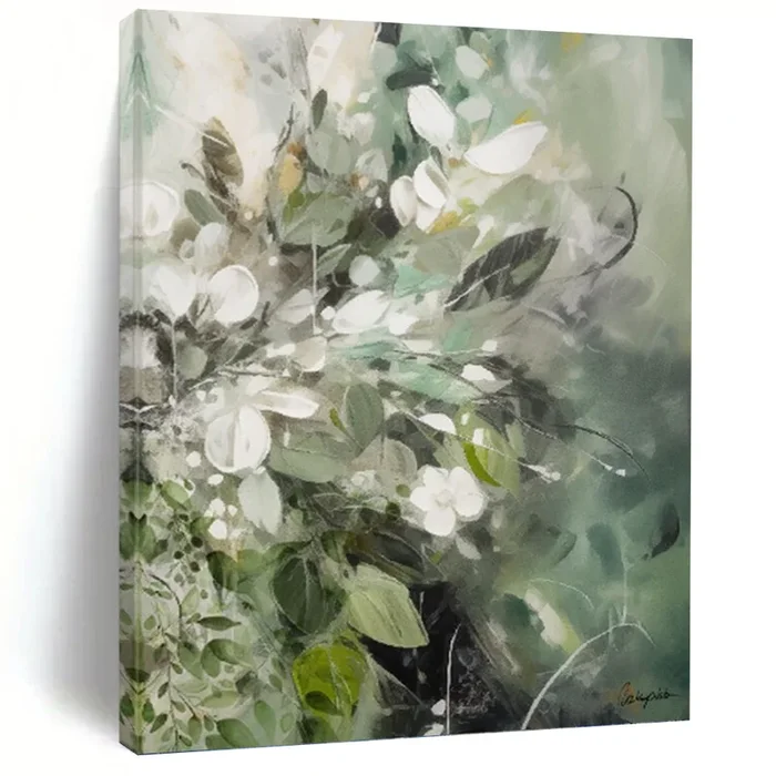 “Green – White Floral Dream” – Soft Green and White Blossom Art, Abstract Painting on Canvas DKH1086