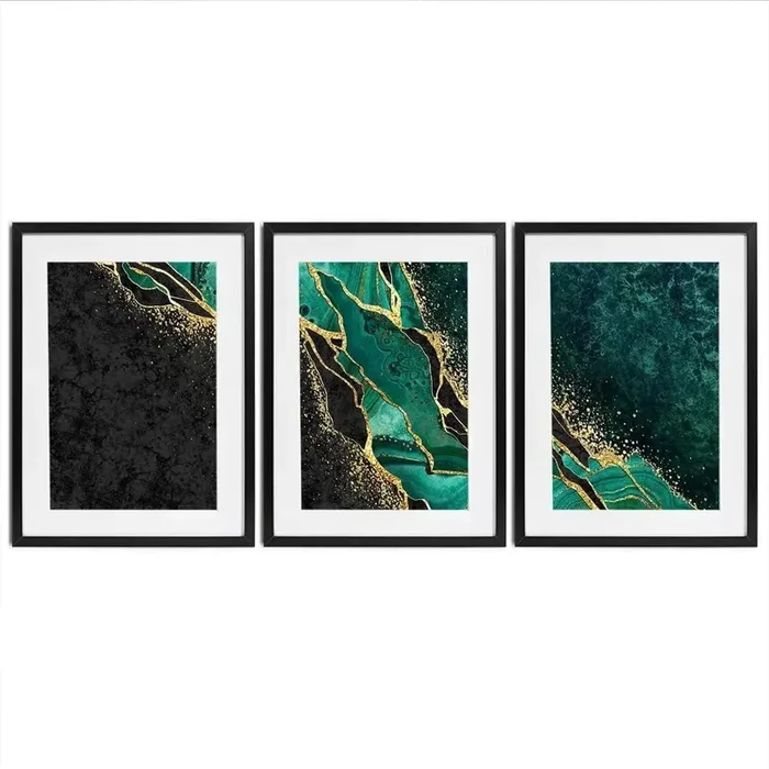 Green Malachite Marble Framed Art Print Trio