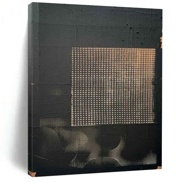 “Grid on Black” ,Black background with a textured, grid – patterned beige square. DTP306