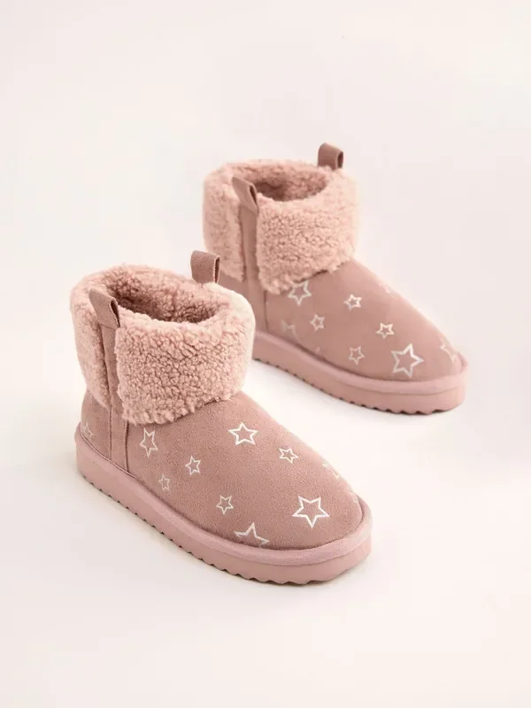 Lipsy Pink Standard Fit (F) Faux Shearling Lined Print Pull On Slipper Ankle Boots