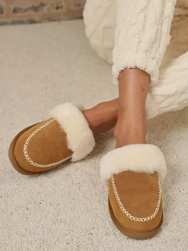 Loungeable Brown Real Sheepskin Lined Fluffy Cross Stitch Mule Slippers