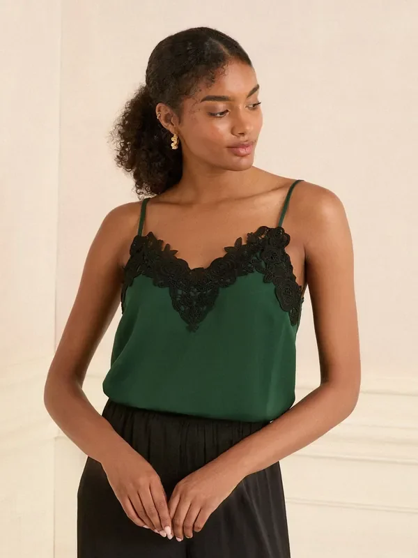 Love & Roses Dark Green Satin V-Neck Camisole