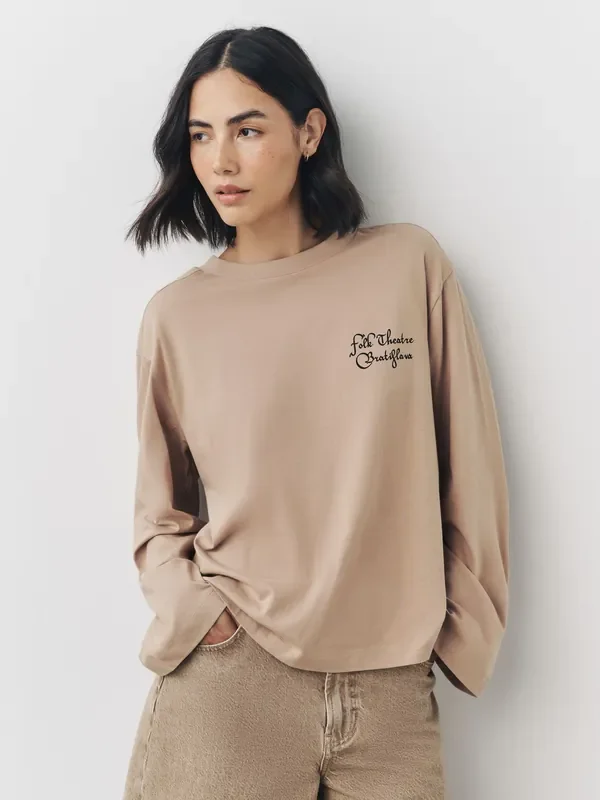 Mocha Brown Graphic Long Sleeve Relaxed T-Shirt